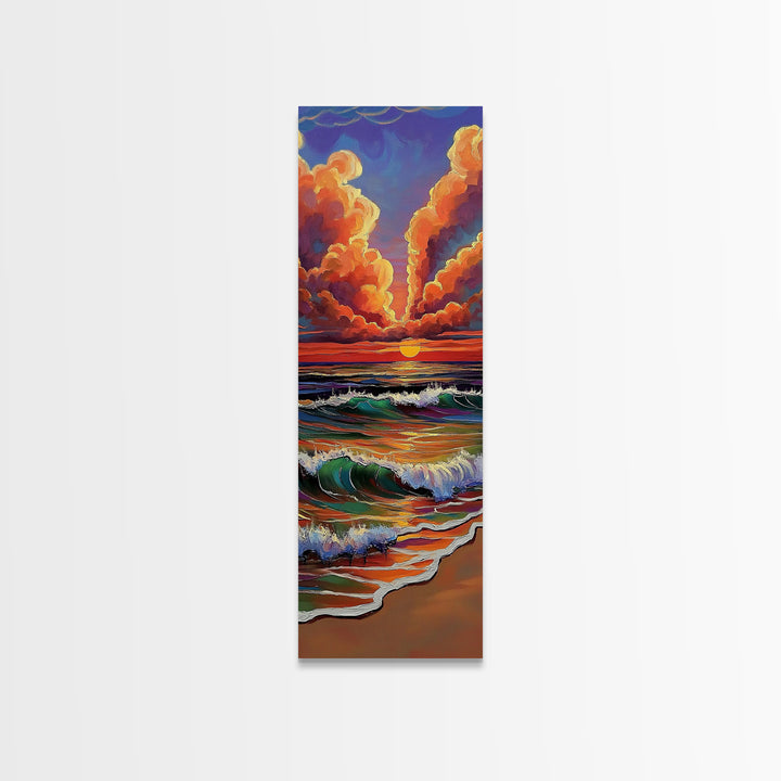 Ocean Sunset, Glow, Waves Framed Canvas Print glowing beach sunset wall art, vivid wave painting, warm coastal decor, boho beach house art