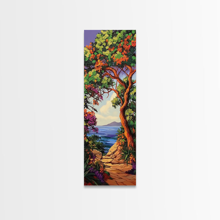 Coastal Trail,Trees,Escape — Framed Canvas Print, tropical coastal decor, beachside nature wall art, entryway or hallway boho painting