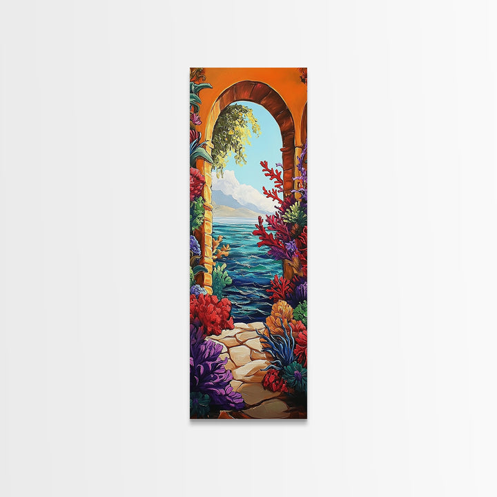Ocean View, Archway Art, Tropical Seascape, Framed Canvas Print, Coastal Home Decor, Mediterranean Entryway Art, Bright Nautical Art