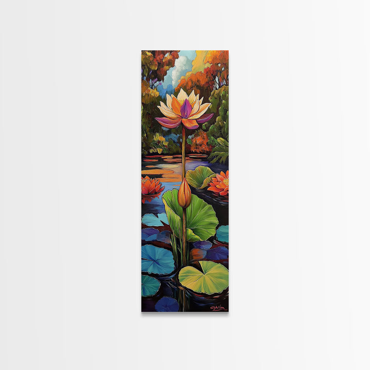 Lotus Blossom, Tranquil Pond, Fall Water Garden, Framed Canvas Print, Zen Wall Decor, Spa Bathroom Art, Peaceful Floral Meditation Art