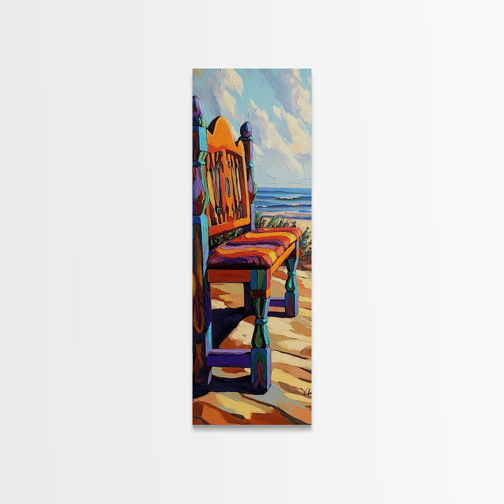 Ocean Chair, Beach View, Coastal Outdoor Scene, Framed Canvas Print, Seaside Patio Art, Tropical Boho Decor, Relaxing Vacation Vibes