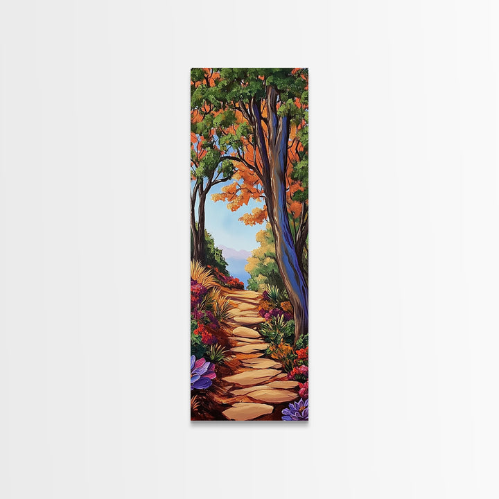 Autumn Pathway, Forest, Nature — Framed Canvas Print of scenic forest path with fall trees, cozy rustic living room wall decor, woodland art