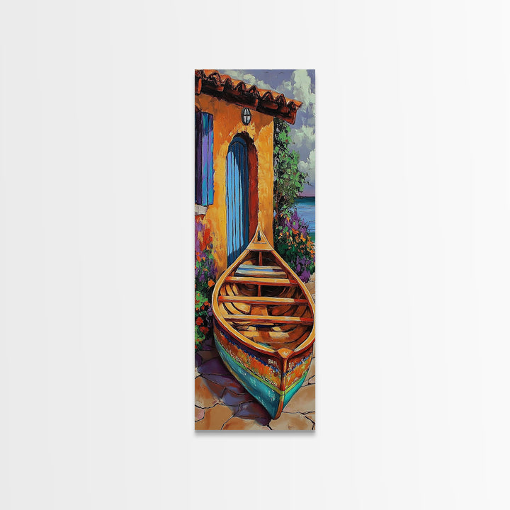 Docked Boat Flowers Villa, Framed Canvas Print, Mediterranean coastal home decor, bright rustic art, hallway wall art, summer lakehouse print