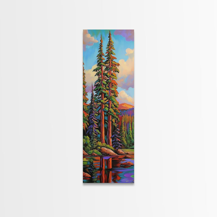 Pines Forest, Reflections Tranquil, Canvas Print, Serene forest lake painting, pine tree wall art, cabin living room decor, landscape piece