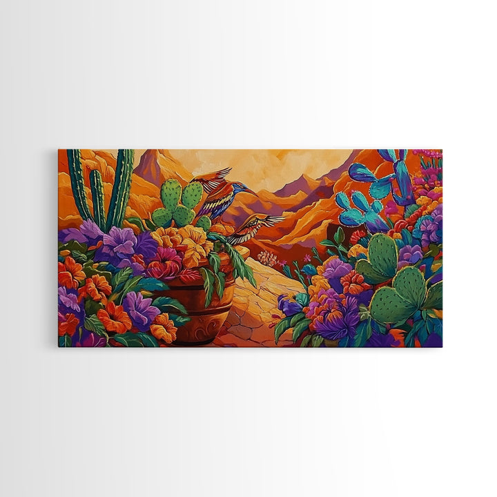 Birds Cactus, Blossoms, Bright Nature Framed Canvas Print, Desert Floral Wall Decor, Southwest Living Room Boho Wall Art