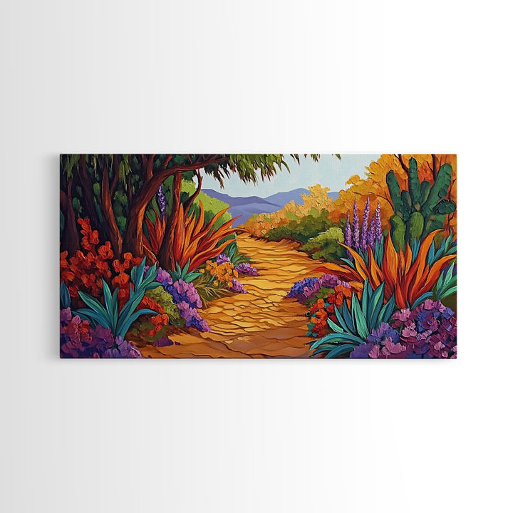 Autumn Pathway, Forest, Flowers, Framed Canvas Print fall landscape painting, nature wall art, rustic cabin decor, living room art