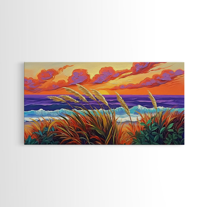 Ocean Sunset, Dunes, Seagrass, Canvas Print beach landscape wall decor, coastal art, vibrant sunset painting, tropical boho home decor