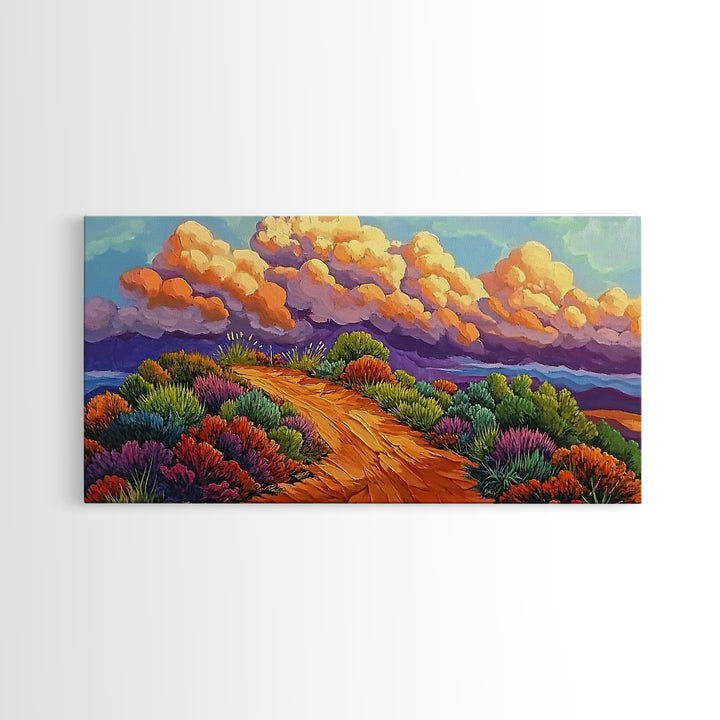 Autumn Trail, Clouds, Flowers, Canvas Print, fall mountain trail painting, landscape wall art, rustic cabin decor, hallway artwork