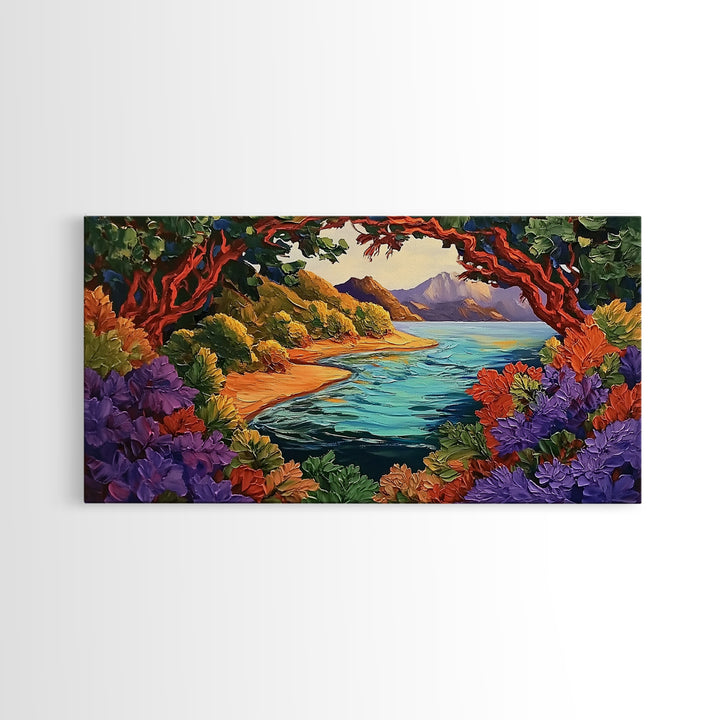 Colorful Coastal, Framed, Bright tropical coastal landscape view with water and foliage, Framed Canvas Print, living room wall art