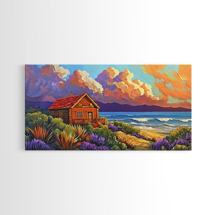 Cabin by Ocean, Colorful Beach Sunset, Cloudy Sky Art, Canvas Print, Autumn Wall Decor, Cozy Living Room Art, Rustic Coastal Scene