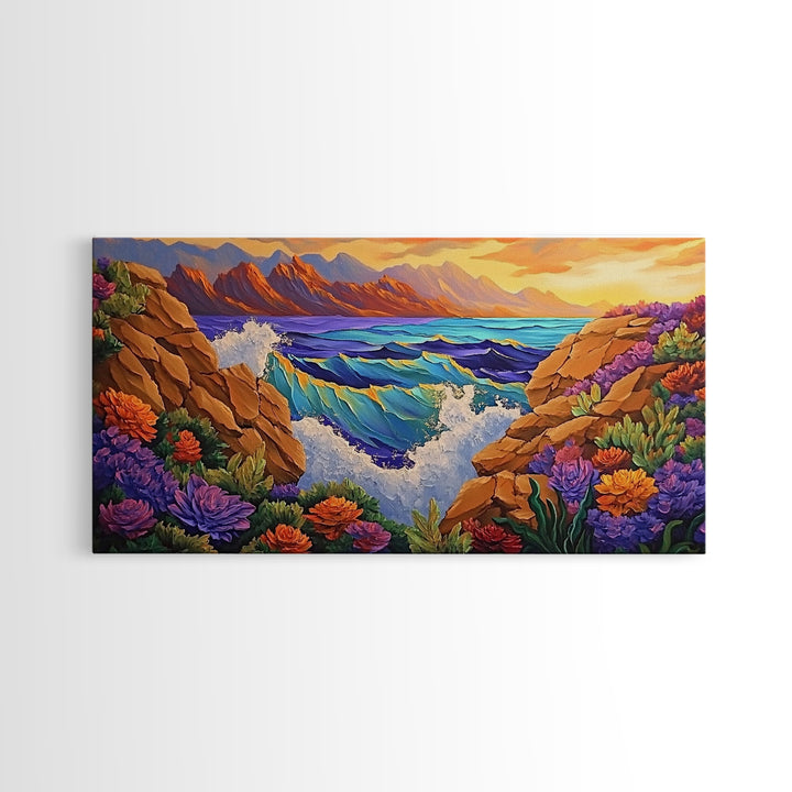 Ocean Cliff View, Crashing Waves Sunset, Bold Coastal Art, Framed Canvas Print, Nature Inspired Decor, Vibrant Seascape Painting