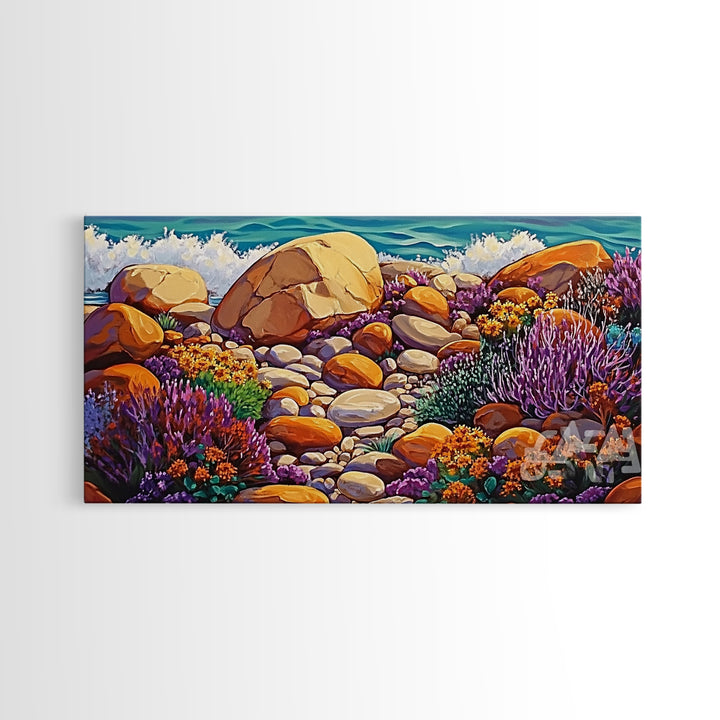 Coastal Garden, Rocks, Framed Canvas Print, Seaside nature landscape wall decor, Kitchen Wall Art, coastal art, vibrant summer vibe