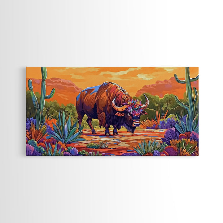 Buffalo Desert, Flowers, Canvas Print, Western buffalo art, colorful desert scene, ranch decor, Office Wall Art, Autumn Wall Art