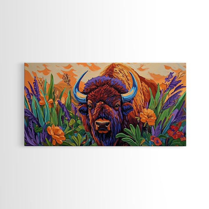Buffalo Flowers, Bold, Canvas Print, Western bison face art, eclectic boho style, Living Room Wall Art, vibrant wildlife painting