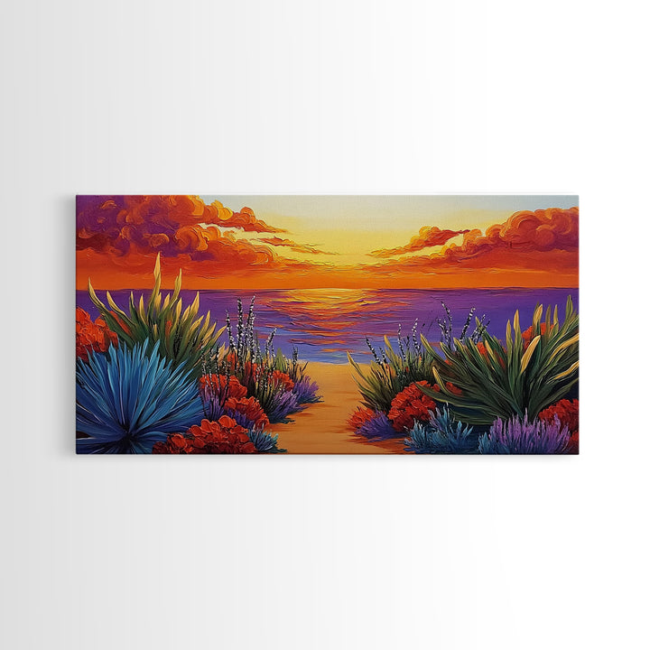 Sunset Ocean, Path, Canvas Print, Coastal sunset landscape, hallway tropical art, bright colorful decor, Beach House Wall Art