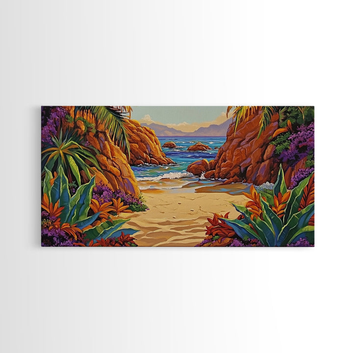 Cove Palms, Beach, Framed Canvas Print, Secluded tropical beach scene, Bedroom Wall Art, boho paradise vibes, coastal summer escape