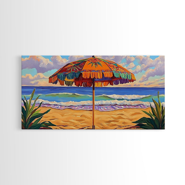 Umbrella Beach, Ocean, Framed Canvas Print, Colorful Beach Umbrella Painting, Retro Coastal Wall Decor, Summer Kitchen Art