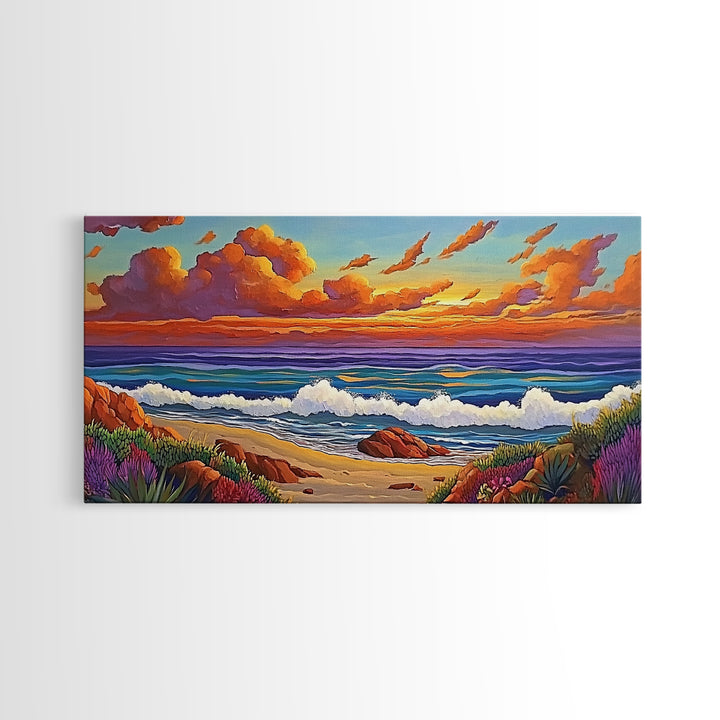 Beach Sunset, Waves, Pastel, Canvas Print, Seaside Landscape Art, Coastal Home Wall Decor, Serene Living Room Accent