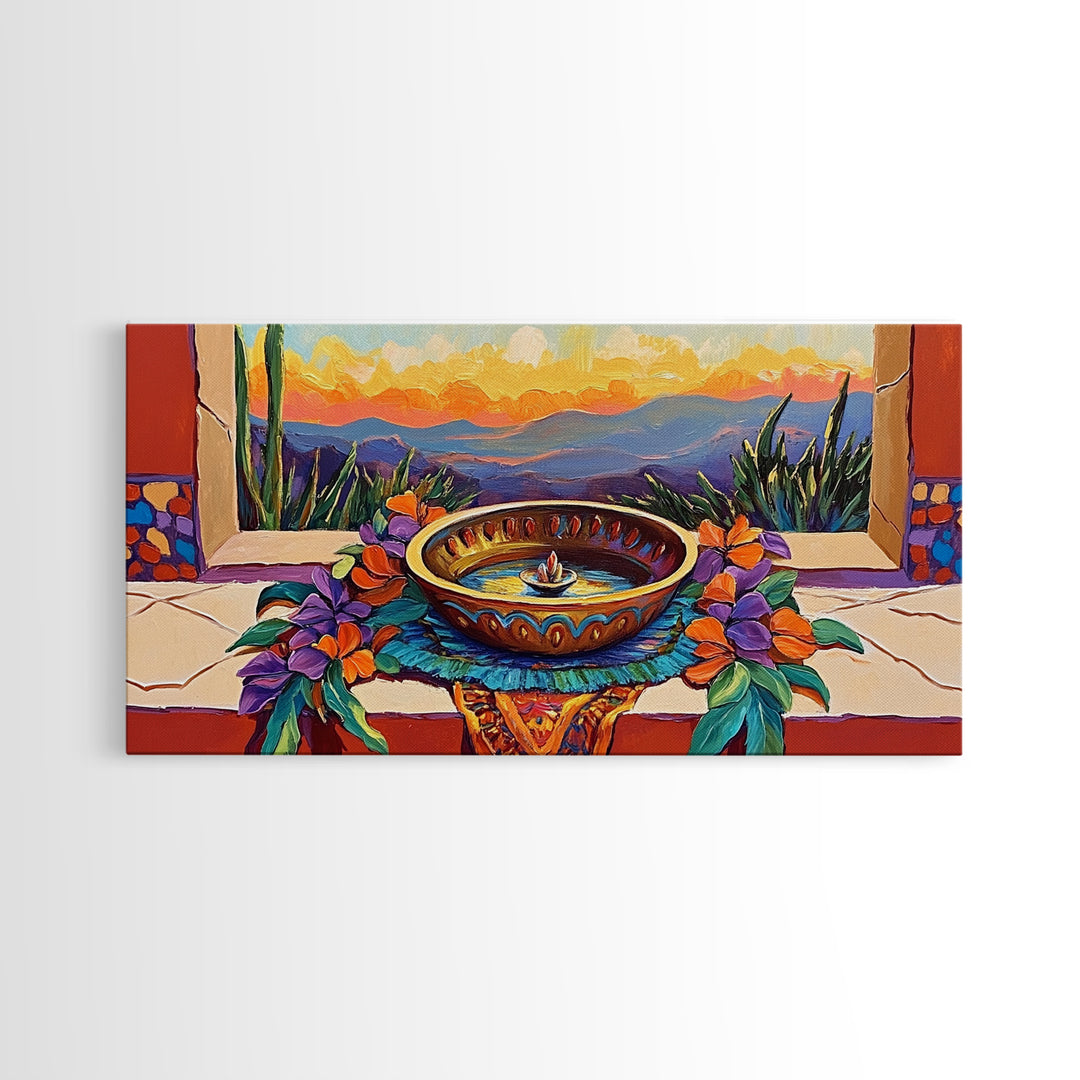 Fountain Sunset Flowers, Serenity, Framed Canvas Print, Southwestern Wall Art, Boho Vibe, Tranquil Home Decor, Kitchen or Entryway Art