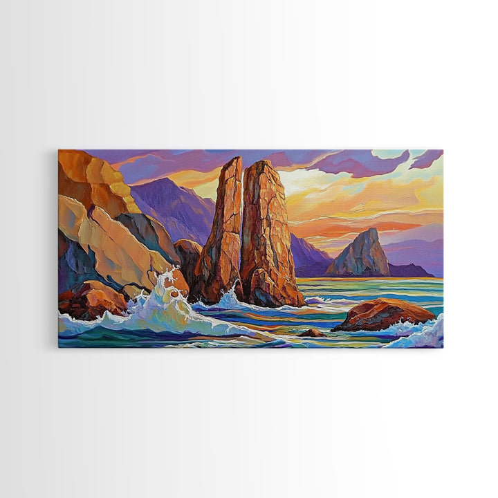 Ocean Rocks, Waves, Sunrise, Framed Canvas Print, Coastal Landscape Art, Nautical Beach Wall Decor, Ocean Sunset Art, Bedroom Accent
