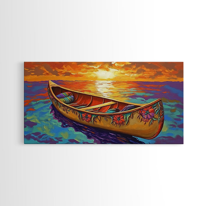 Canoe Sunset, Ocean, Solitude, Framed Canvas Print, Tranquil Beach Wall Art, Summer Decor, Nautical Painting, Living Room Accent