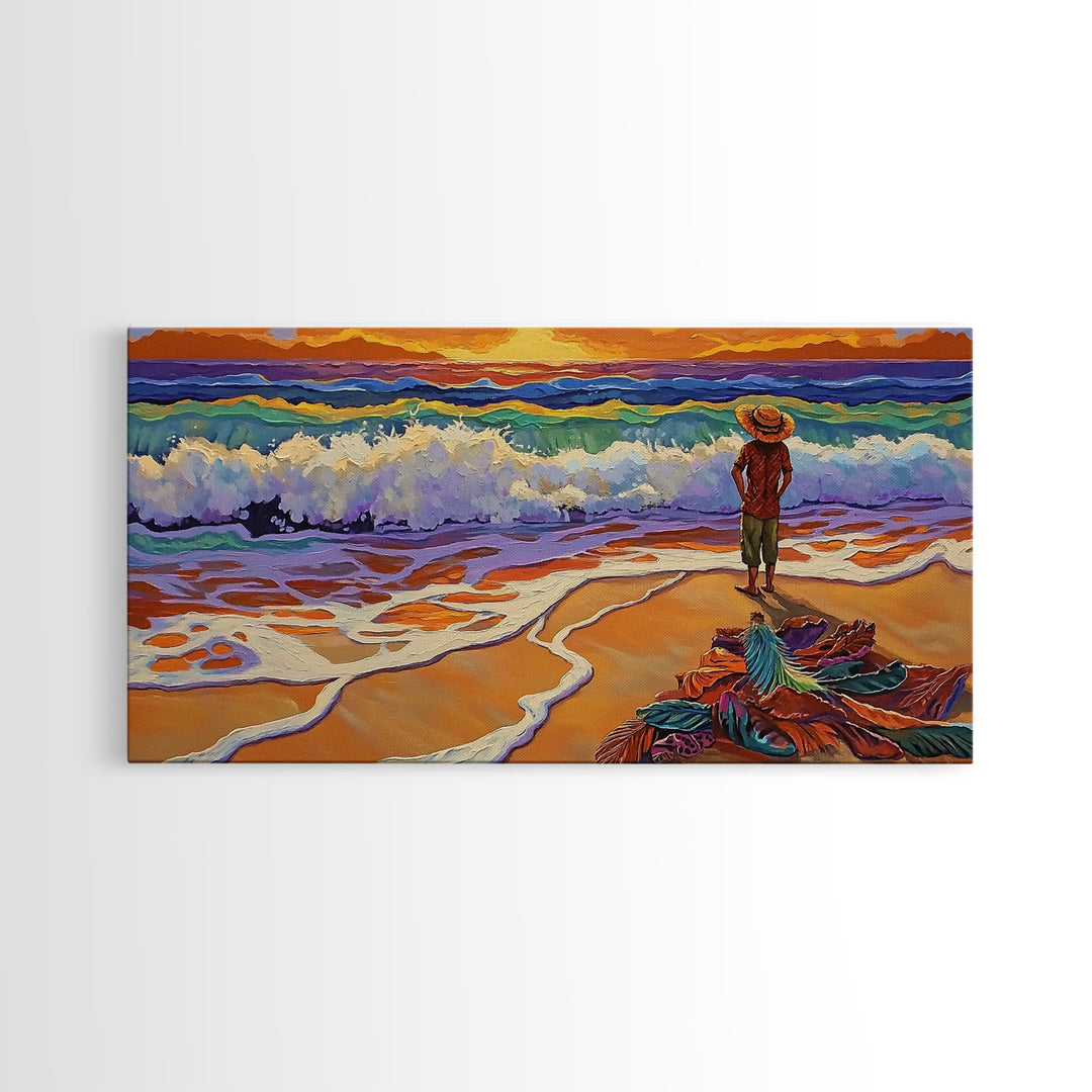 Sunset Ocean, Solitude, Framed Canvas Print, Peaceful Beach Sunset Art, Serene Mindfulness Coastal Decor, Zen Living Room Artwork