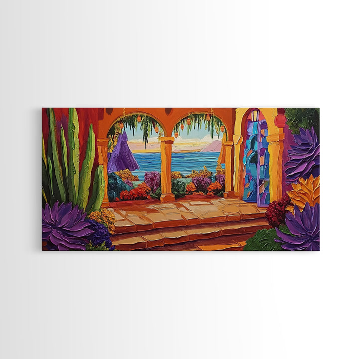 Patio Ocean, Paradise, View, Canvas Print tropical patio view art, living room coastal decor, sunset painting, Mediterranean vibes
