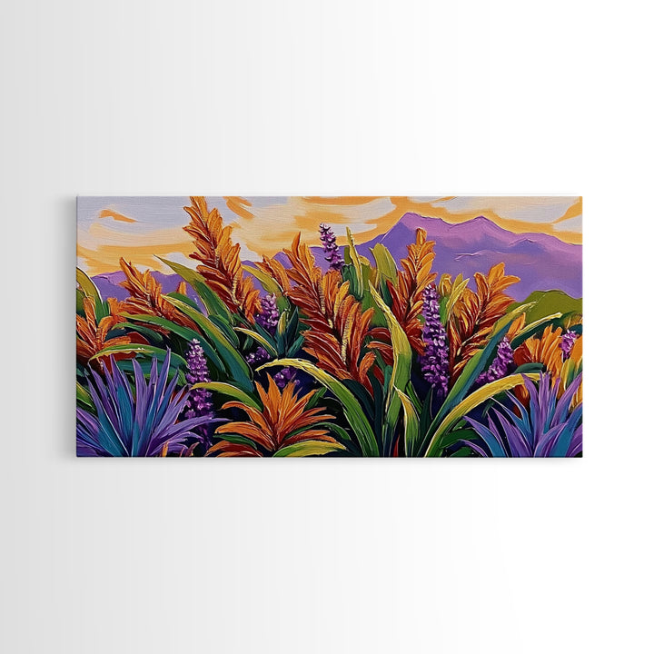 Botanical Sunset, Mountain, Framed Canvas Print, Vibrant Flower Field Painting, Nature Boho Wall Art, Sunset Hallway Decor