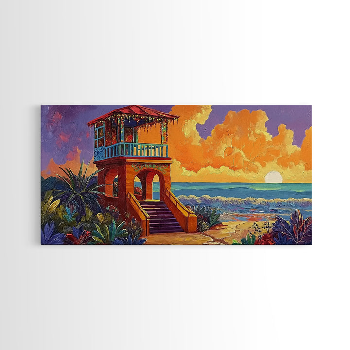 Beach Sunset, Tower, Tropical, Canvas Print, Coastal sunset art, boho beach house decor, vibrant tropical wall art, living room art