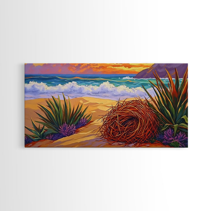 Nest Ocean, Beach, Nature, Framed Canvas Print, Desert beach art, boho coastal nature scene, calming fall tones, living room wall decor