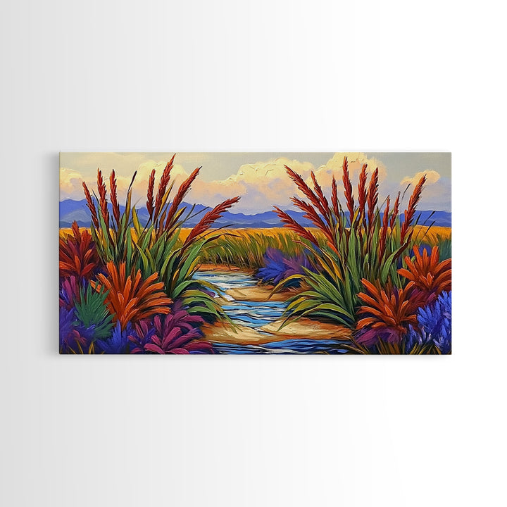 Marsh Grassland, Sunset, Scene, Framed Canvas Print rustic farmhouse art, colorful Fall wall decor, bedroom landscape canvas