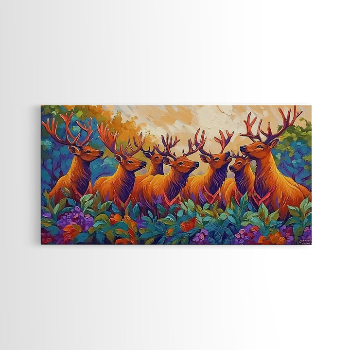 Deer Autumn, Forest, Scene, Framed Canvas Print wildlife cabin wall decor, vibrant Fall nature art, lodge living room print