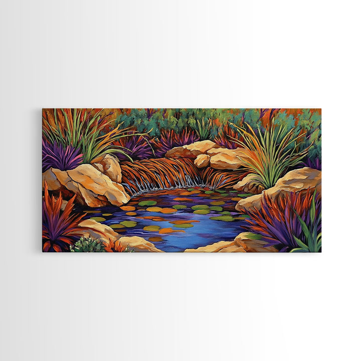 Desert Waterfall, Vibrant, Nature, Framed Canvas Print, desert oasis waterfall, Living Room Wall Art, colorful landscape painting