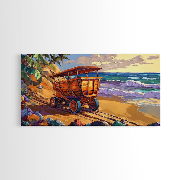 Coastal Cart, Tropical Beach, Ocean Shoreline, Framed Canvas Print, Rustic Wall Art, Coastal Living Room Decor, Summer Vibes Painting