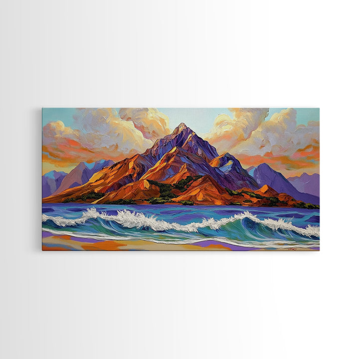 Ocean Peak, Island Sunrise, Vibrant Mountain, Framed Canvas Print, Bold Coastal Art, Beach House Wall Decor, Sunset Vibes