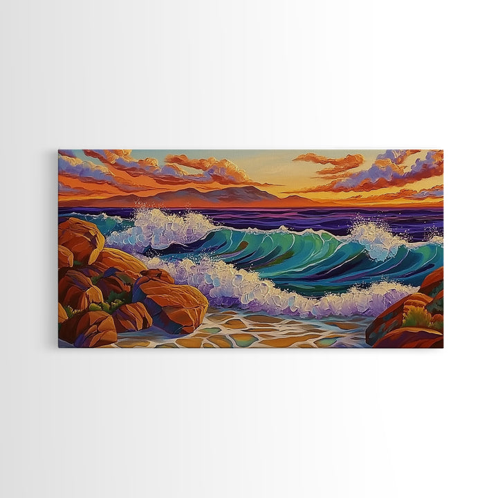 Coastal Splash, Sunset Rocks, Ocean Wave, Framed Canvas Print, Bold Nature Wall Art, Living Room Decor, Vibrant Seaside Artwork