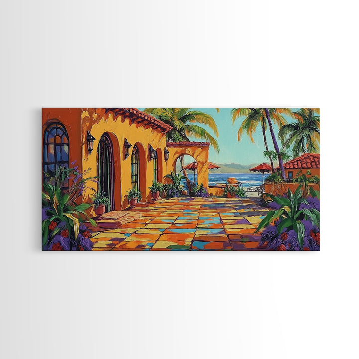 Coastal Patio, Palm View, Sunset, Canvas Print, Mexican beach terrace painting great Entryway Wall Art or Mediterranean Home Decor