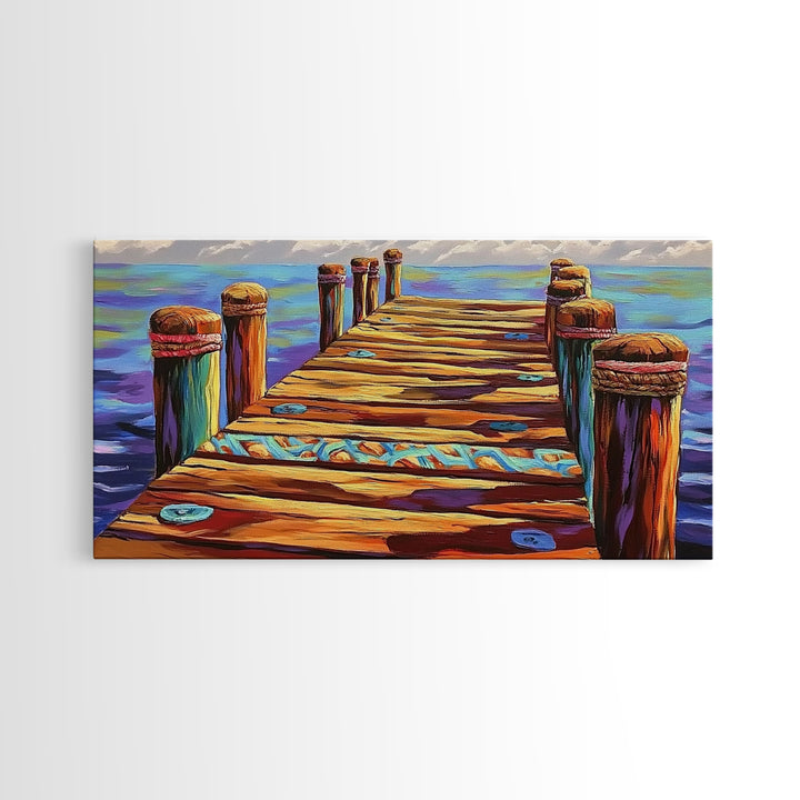 Dock View, Ocean, Coastal Path, Framed Canvas Print, Vibrant pier artwork ideal Beach House Wall Art or Nautical Entryway Decor