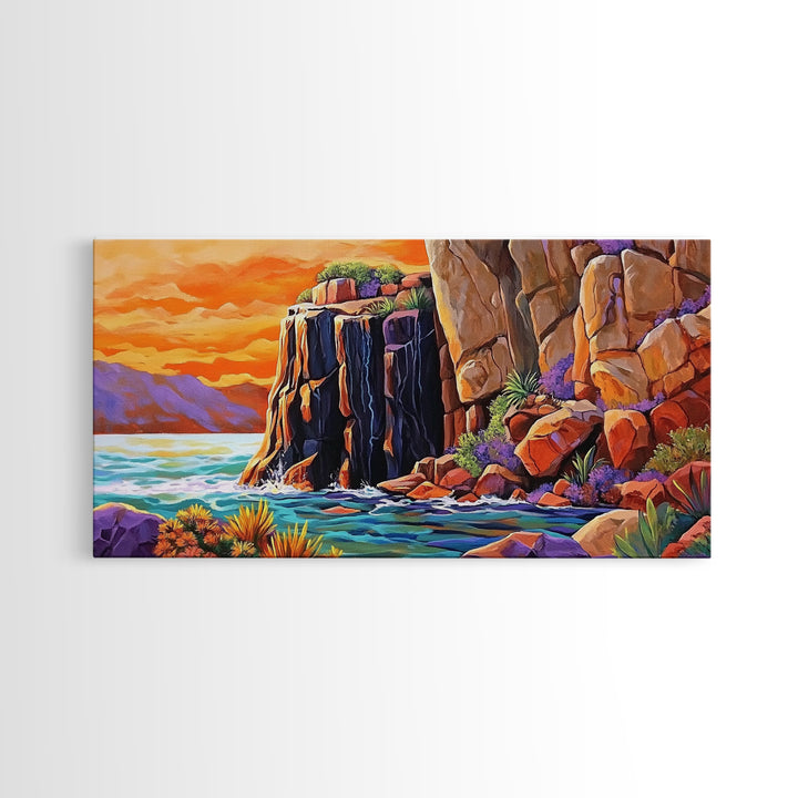 Desert Sunset, Cliffs, Nature, Framed Canvas Print, rocky cliffs and sea, Boho Living Room Wall Art, colorful sunset art, coastal vibes