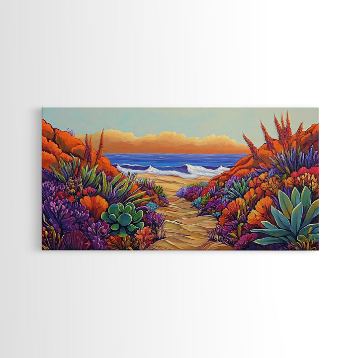 Beach Trail, Succulents, Ocean Path, Framed Canvas Print, Vibrant desert-to-ocean painting perfect Kitchen Wall Art or Boho Coastal Decor