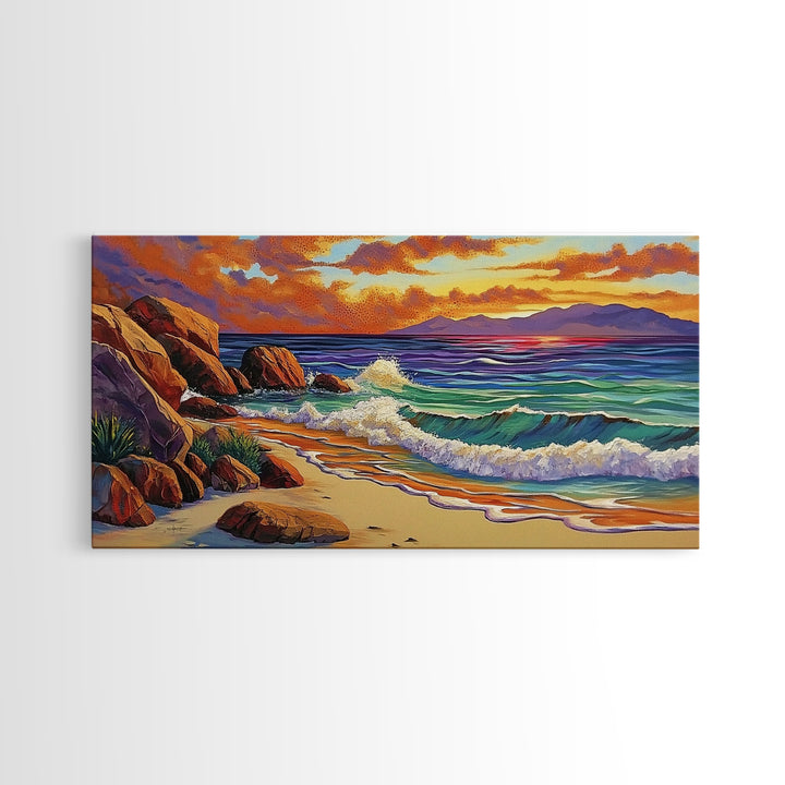 Coastal Sunset, Waves, Shore, Framed Canvas Print, ocean beach decor, seascape living room wall art, tropical boho coastal style