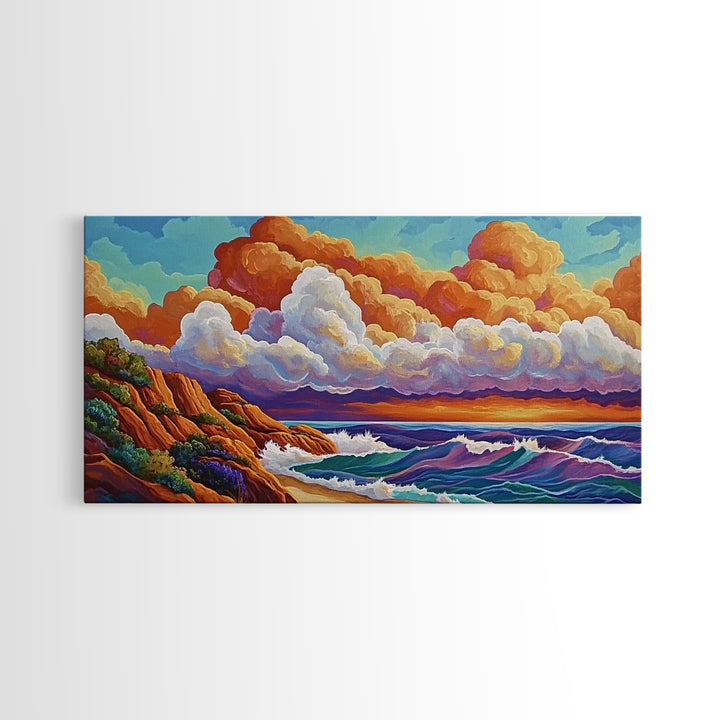 Clouds Ocean, Sunset, Dreamy, Framed Canvas Print, whimsical seascape, vibrant wave art, living room decor, beach wall art