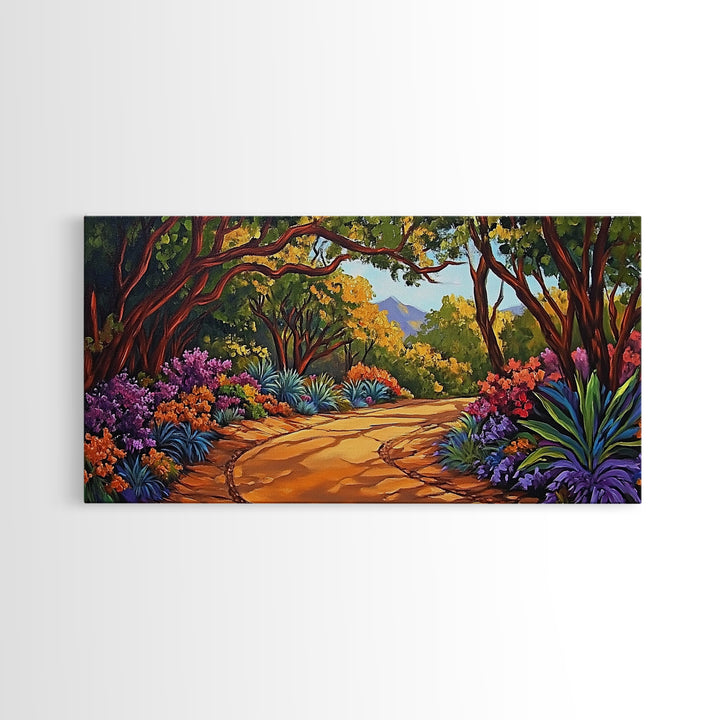 Nature Pathway, Garden, Trees, Framed Canvas Print, vibrant forest trail art, spring botanical decor, living room boho landscape