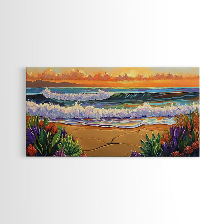 Ocean Sunset, Waves, Coastal, Canvas Print, ocean waves at sunset, Coastal Wall Art, vibrant seascape decor, beach house art