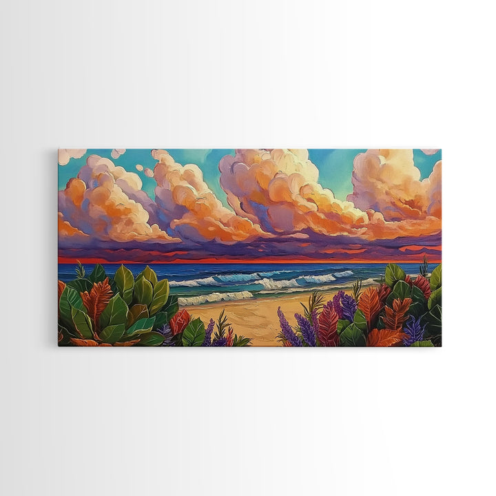Tropical Beach, Clouds, Canvas Print, Colorful coastal beach artwork with dramatic clouds and waves, Bathroom Wall Art, coastal style