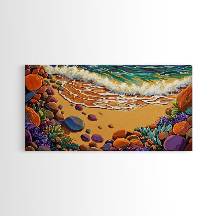 Coastal Shoreline, Footprints, Framed Canvas Print, Coastal beach waves and footprints art with colorful rocks, Bathroom Wall Art