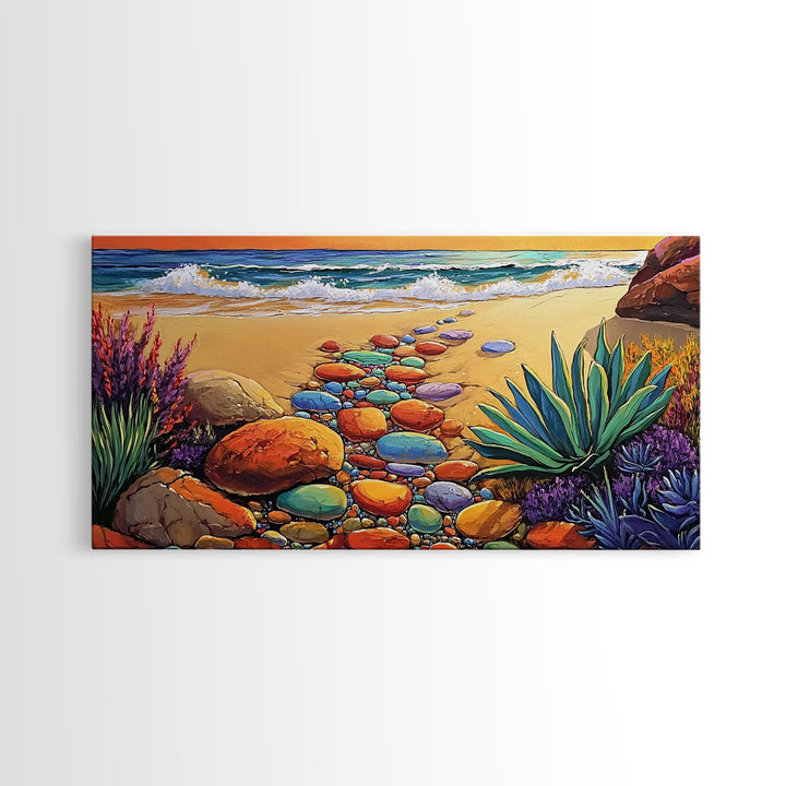 Beach Path, Ocean, Sunset, Canvas Print, Colorful beach path with stones and ocean waves, vibrant coastal Living Room Wall Art