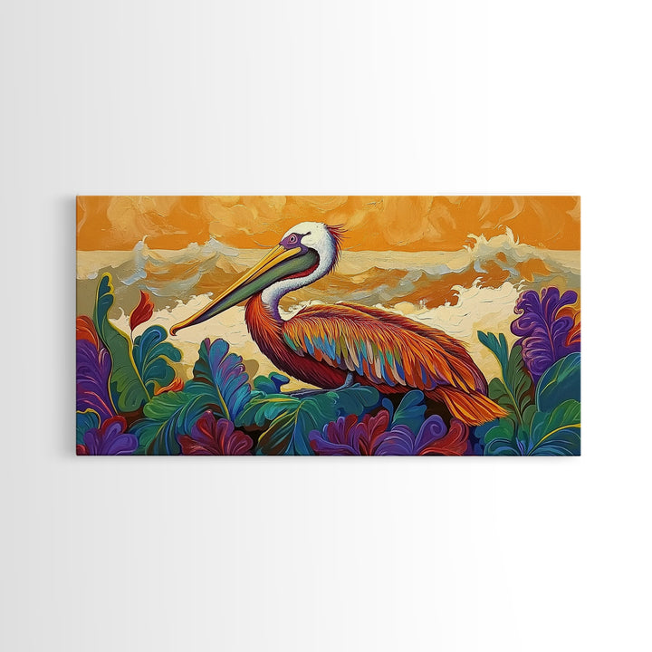 Pelican, Waves Tropical, Canvas Print, Bright tropical pelican artwork with ocean waves and foliage, great Bathroom Wall Art