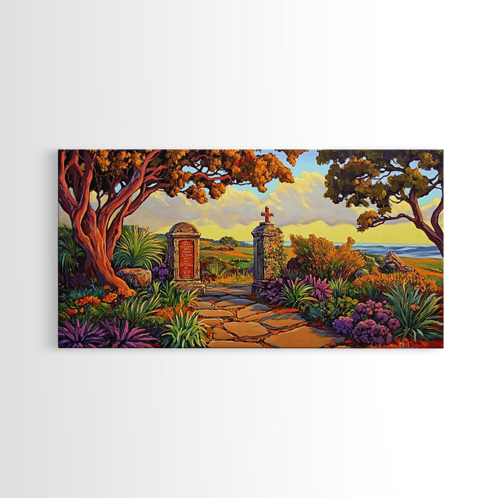 Cross Memorial, Sunset, Framed Canvas Print, Peaceful Autumn scene with cross and mountain view, ideal Fall Living Room Wall Art