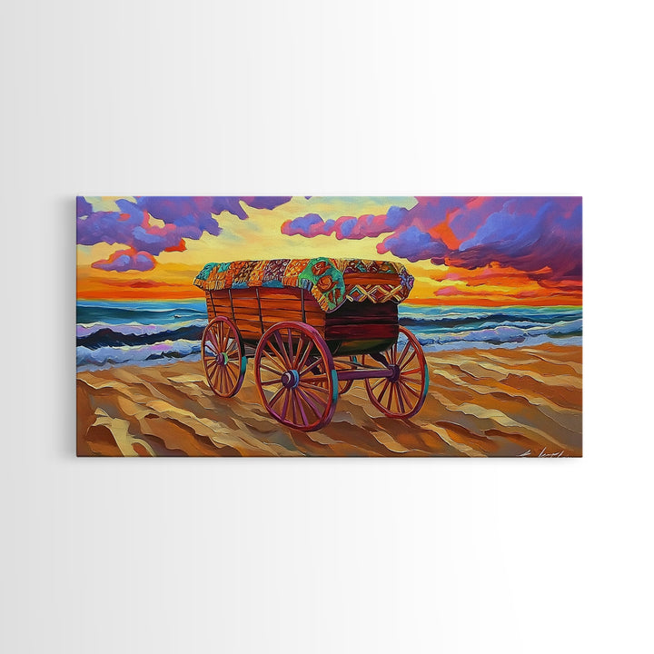 Beach Wagon, Sunset, Decor, Framed Canvas Print western wall art, desert decor, living room boho art, rustic coastal art, beach house